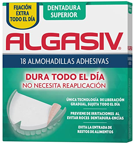 Algasiv Almohadillas Adhesivas para Dentaduras Postizas Superiores, Dura Todo el Día y Protege las Encías, 18 Unidades
