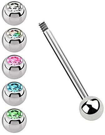 Modern Nature Piercing-Schmuck Titan Set, Zungenpiercing Stab mit 1,6 mm Stärke, wählbar in 12-18 mm Länge mit 5 Steinkugeln