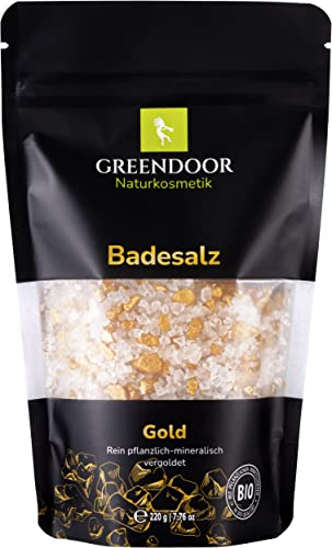 GREENDOOR Badesalz GOLD 220g vegan, glitzernd schimmernd, rein natürliche mineralische und pflanzliche Basis, Naturkosmetik, Badezusatz Wellness, Damen Geschenke Natur Mineral-Bad