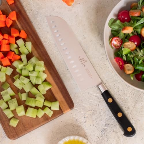 Sabatier – IDEAL Santokumesser, 100% geschmiedet – 18 cm – Klinge aus Edelstahl mit Wabenstruktur und Messingnieten – Ideal zum präzisen Schneiden, Hacken und Zerkleinern