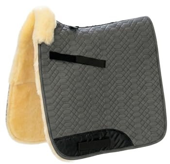 Engel Reitsport SCHABRA2-D-GRA-MED Lammfell Dressur Schabracke | fully lined, Fellkranz vorne, robuster Baumwoll Steppstoff, Dressur, Stoff grau Fell med.