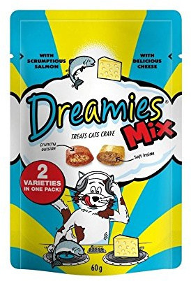 Dreamies Cat Treats Mix mit Scrumptious Lachs und Köstlicher Käse (60g) - Packung mit 2