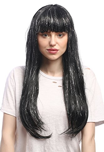 WIG ME UP - 90799-ZA103-silver Perücke Damen Karneval Fasching Schwarz Lang Glatt Pony Silber Glitter Strähnen Lametta 55 cm