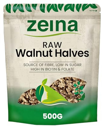 Zeina Raw Walnut Halves (500g) - Naturally Gluten Free Vegan Approved Low Sugar Walnut Halves, Premium Healthy Nut Snacks, Used in Home Baking, Cooking or Salad Toppings