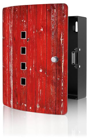 banjado Design Schlüsselkasten aus Edelstahl für 10 Schlüssel - Schlüsselschrank zur Schlüssel Aufbewahrung 24 x 21,5 x 7cm groß mit praktischem Magnetverschluss - Motiv Rote Holzlatten