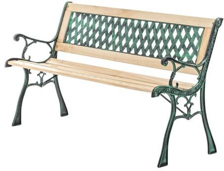 BIRCHTREE 3 Seater Wooden Slat Garden Bench Seat Lattice Style Cast Iron Legs