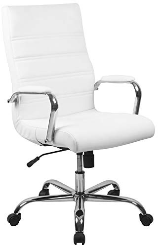 Flash Furniture Whitney High-Back Swivel LeatherSoft Desk Chair with Padded Seat and Armrests, Adjustable Height Padded Office Chair, White/Chrome