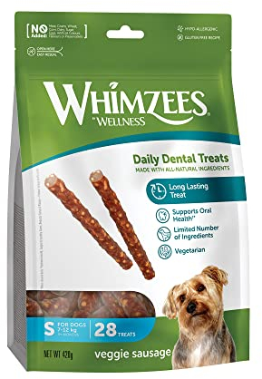 WHIMZEES Veggie-Wurst, Kaustangen für kleine Hunde zur Zahnpflege, Größe S, 28 Stück, ohne Zuckerzusatz, getreidefrei, natürlich, fettarm