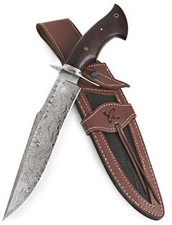 BIGCAT ROAR Screaming Eagle II - Couteau de Chasse Long 38 cm Acier Damas - Manche Bois de Noyer, Étui Cuir - Bushcraft, Survie, Outdoor - Cadeau Homme Chasseur, Aventurier ou Collectionneur Nature