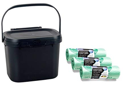 Addis Everyday Kitchen Food Caddy Bin, Black, with 60x 100% Compost Bags (3 Rolls of 20 Liners)