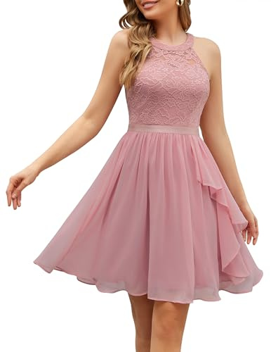 WedTrend Teens Semi Formal Dress, Halter Short Prom Dress 2024 Spring Wedding Guest Dress A Line Swing Cocktail Dress Bridesmaid Dresses WT0213BlushXS