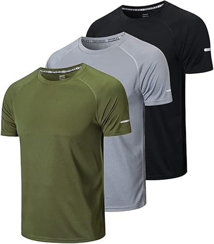 HUAKANG 3-pack t-shirts män andningsbara sporttröjor män coola torra löpartoppar kortärmad gym toppar atletisk för män, Svart grå grön, 3XL