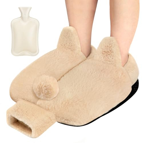 BEGKYA Foot Warmer Non Electric, Heated Slippers for Women and Men, 40x36cm Feet Warmers for Winter, 2L Hot Water Bottle Slippers Cushion Washable and Removable, Heated Foot Warmers Pad (Beige)