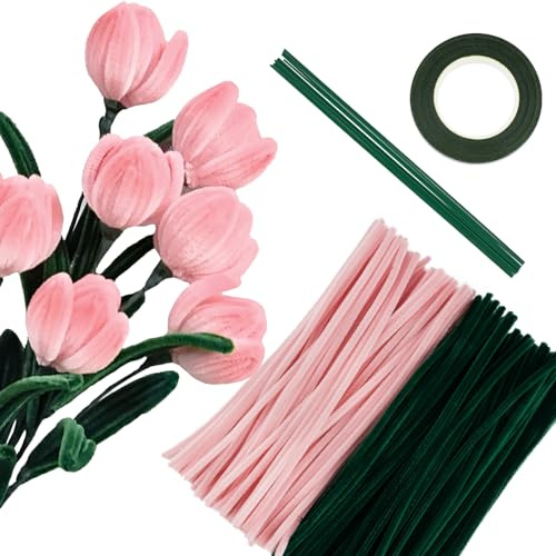 BOFUNX 200 Stücke Pfeifenreiniger Grün Rosa Pfeifenreiniger Chenilledraht 30cm Pfeifenputzerdraht Biegeplüsch mit 10pcs Blumenstiele und Klebeband für Kinder Basteln DIY Handwerk