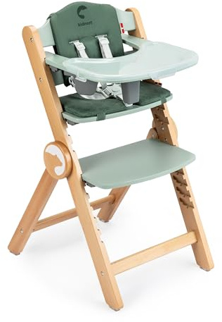 Kidnort Holzhochstuhl Drömmer Unique bis 75kg Mitwachsender Faltbarer Hochstuhl aus Buche für Kinder mit Sitzkissen 5 Punkt Gurt zusätzliche Ablage Schrittgurt 9 Höhenverstellungen Schutzbügel Grün