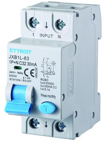 Interruttore magnetotermico differenziale salvavita, 1P+N, occupa 2 moduli DIN, 220V 230V, 32A C32, 30mA, 6KA 6000A, RCBO