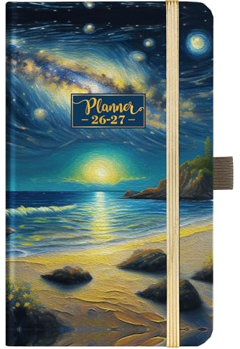 Pocket Calendar 2026--2027 - Pocket Planner 2026-2027 for Purse, Jul 2026 - Jun 2027, 6.4''×3.8'', 2026 2027 Planner Weekly and Monthly with Pen Loop, Back Pocket, Elastic Closure, Note Pages - Mountain and Sea