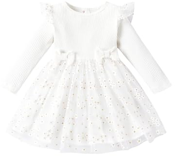 PATPAT Baby Mädchen Tüllkleid Mit Langen Ärmeln, Tutu Für Kleinkind, Perfekt Als Blumenmädchen Oder Weihnachtsfeier Geburtstags Langarm Prinzessin Kleid, Weißblüten 3-6 Monate