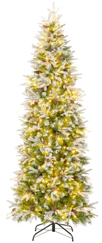 COSTWAY 225 cm Künstlicher Weihnachtsbaum mit Beleuchtung und Schnee, Bleistift Tannenbaum mit 350 warmweißen LED-Lichtern & 75 Tannenzapfen, Christbaum schmal, Kunstbaum Weihnachten für Zuhause