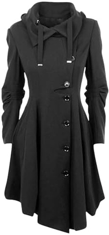 Giacca da donna in lana spessa, lunga, doppiopetto, slim fit, con cappuccio, revers in stile gotico, trench invernale con cinture, nera, taglia piccola
