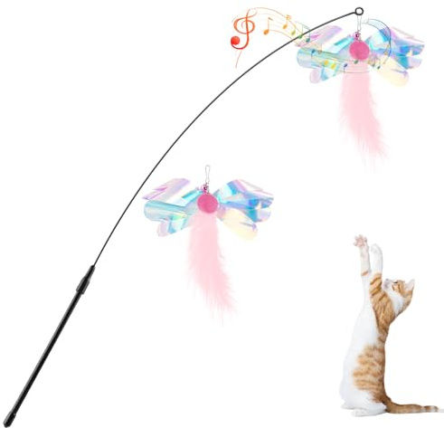 Pawaboo Jouet Interactif pour Chat, Baguette à Plumes avec Grelot | Jouet canne à plumes pour chat, Baguette extra-longue ( 34,5 po) pour jeux de poursuite et exercice, Papillon rose