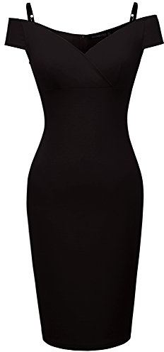 HOMEYEE Damen Vintage Blumendruck Off Shoulder Riemchen Knielänge Bodycon Enges Kleid B309 (EU 42 (Herstellergroesse: XL), Schwarz)