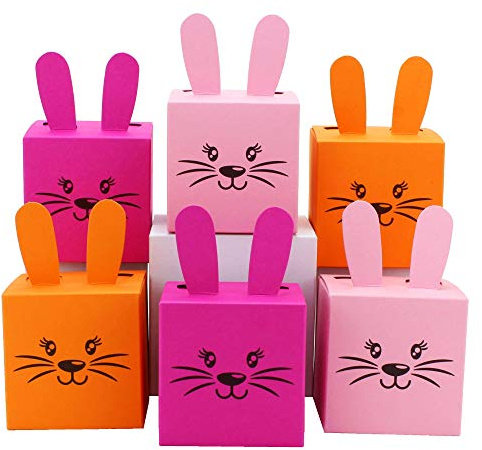 Papierdrachen 12 Geschenkboxen im Osterhasen-Design - Kisten mit Ohren, Pompom und Gesicht - 7cm x 7cm - rosa pink und orange - Osternest für Mädchen