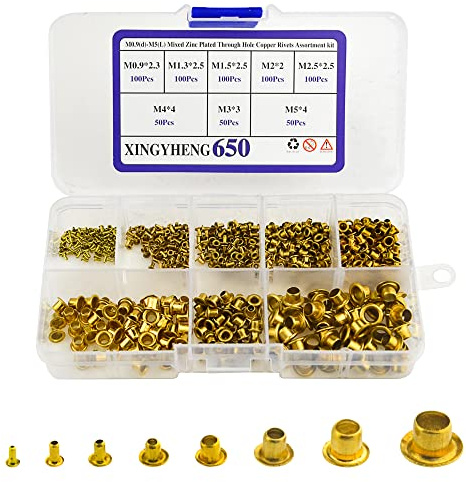 XINGYHENG 650Pcs 8 Values M0.9(d)-M5(L) Mixed Zinc Plated Through Hole Copper Rivets Assortment kit(Whole Hollow Grommets Rivets Set with A Plastic Storage Kit)