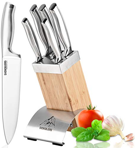 SVENSBJERG Messerblock mit Küchenmesser Set, 5 Scharfe Küchenmesser, Kochmesser Edelstahl, Koch Messerset Profi, moderner Design Messerblock aus Bambus-Holz und Edelstahl | SB-MB101-KS101