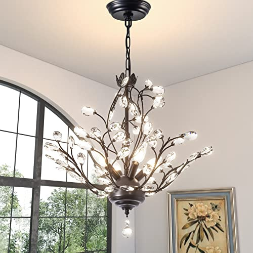 Maxax 18 Black Crystal Chandelier, 4-Light Vintage Branch Pendant Light Fixture, Modern K9 Raindrop Ceiling Light with Adjustable Chain for Dining Room Bedroom Foyer, E12 Base