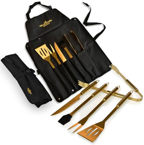MikaMax Millionaire BBQ Tools - 5 teiliges BBQ Grill Werkzeug Set mit Faltbarer Schürze - Grillgabel - Spatel - Grillbürste - Messer - Zange - Ideal für Camping - Küche und Partys