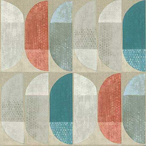 Papier peint intissé bleu canard gris terracotta & beige | Tapisserie géométrique colorée | Papier peint motif pour salon moderne