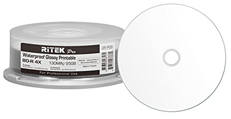 25 Pack Ritek Pro (Professional Grade) BD-R Blu-ray 4X 25GB Watershield Water Resistant Glossy White Inkjet Hub Printable Blank Recordable Disc