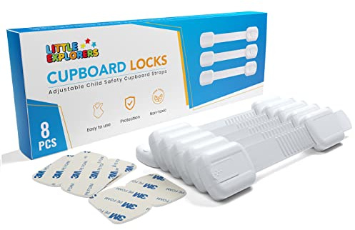 LittleExplorers Adjustable Child Safety Cupboard Locks (8 or 12 Pack) Baby Proof Cabinets & Drawers - Easy Install, No Tools Needed (8 Pack)