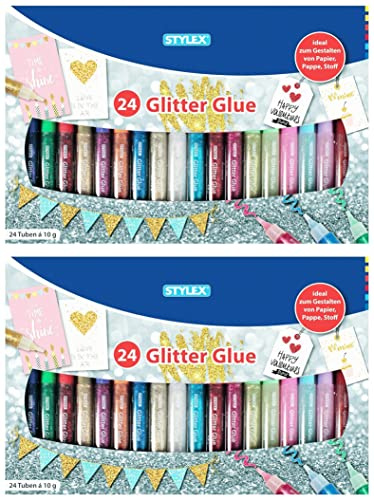 Stylex 2051433 23384 - Glitter Glue im farbenfrohen Set mit 24 Tuben á 10 g, lösungsmittelfrei und auswaschbar, Klebstoff mit tollen Glitzerpartikeln zum kreativen Basteln und Gestalten (2)