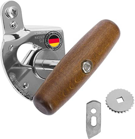 Westmark Set 3 piezas: 1 abrelatas profesional de titanio + 1 cuchillo de repuesto + 1 rueda motriz de repuesto, acero/madera/acero lacado, plata/marrón/negro, 122422E6