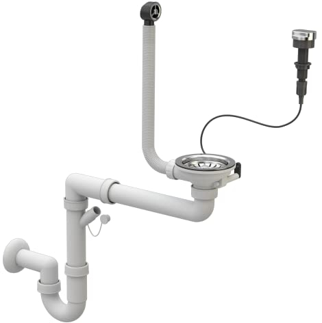 Scarico Lavandino Cucina - Sifone Lavandino - Sifone Lavello Cucina con Attacco per Lavastoviglie - Scarichi 115 mm (3 1/2) - Scarico per 1 vasca - Bianco/Cromato - Automatico - Granitan