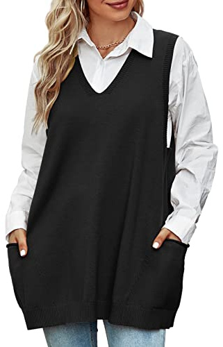 Niwicee Maglione Gilet Donna Scollo a V Pullover Maglione Senza Maniche,Autunnale Invernale Maglioni Oversize Tinta Unita mit Taschino,Cotone Top Smanicato Gilet in Maglia Elegante-A-Nero-L