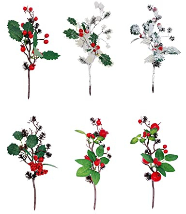 DCQRY 6 plettri artificiali a forma di bacca rossa con pino, innevato, fiori artificiali, agrifoglio, frutti di bosco rosso, pino, per Natale, artigianato, feste, feste, decorazioni per la casa