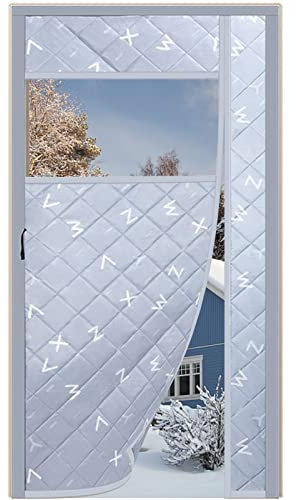 MEEYI Magnet Thermovorhang Tür 75x180cm, Haustür Kälteschutz Baumwoll-türvorhang Oxford Automatischer Verschluss Magnetische Adsorption Panel für Küche, Grau mit Buchstaben