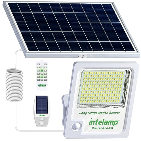 intelamp 12000mAh 3000LM Solar Security Lights wih 5 Metre Cable | PIR Floodlight Separated Trigger & Smart Linked Lighting, Remote Control, IP65 Waterproof for Garden Garage Driveway