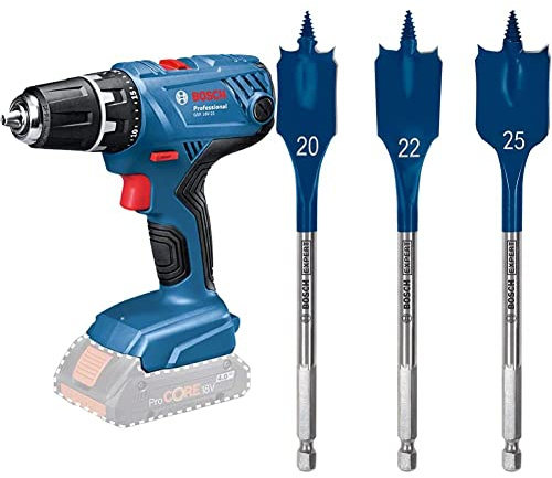 Bosch Professional 18V System Akku Bohrschrauber GSR 18V-21 (ohne Akkus und Ladegerät, im Karton) + 6x Expert SelfCut Speed Flachfräsbohrer Set (für Weichholz, Grobspanplatte, Ø 13-25 mm, Zubehör)