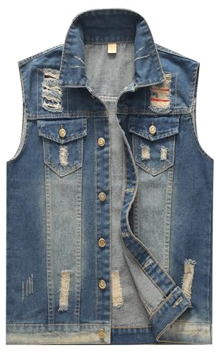 KUDORO Gilet homme Denim Déchiré Veste sans Manches en Jeans Vintage | Gilet Denim Veste à la Mode Motard