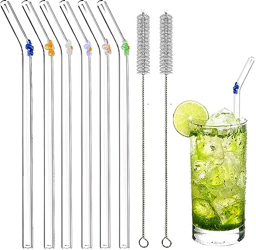 FIHODONE 6 Glasstrohhalme Lang 200mm, Strohhalme Glas mit Motiv, Glas Strohhalm, Trinkhalme Wiederverwendbar, Röhrchen Borosilikatglas Mit 2 Reinigungsbürsten für Cocktails Slush