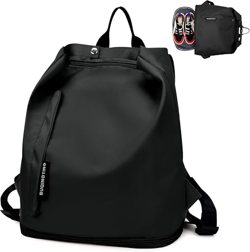 Tokeya Sportrucksack Damen Herren, Sporttasche Wasserdicht mit Schuhfach und Nasstasche Leicht Fitnessstudio-Rucksack Klein Freizeit Reisetaschen für Weekend Einkaufen Fitness Schwimmen, Schwarz