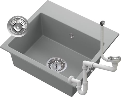 GRANITAN Lavandino Cucina 45 x 42 cm - Lavandino Cucina - Lavello 1 Vasca con Sifone - Lavabo Cucina - Lavello in Granito a Due Fori - Grigio
