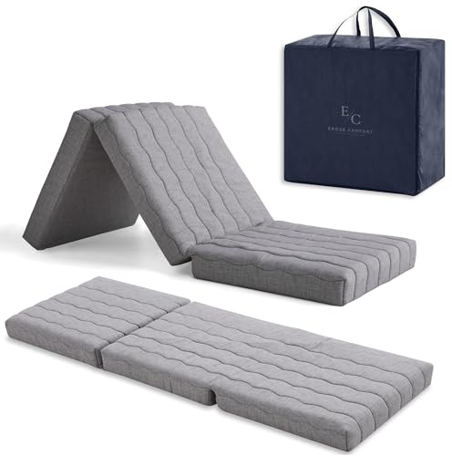 ErossConfort Klappmatratze, viskoelastisch, für Gäste, 65 x 195 cm, HD-Schaum + 2 cm Viskose, Ausziehbett, faltbar, atmungsaktiv, Abnehmbarer Bezug, Höhe 12 cm, Grau. Mit Tasche und Kissen.