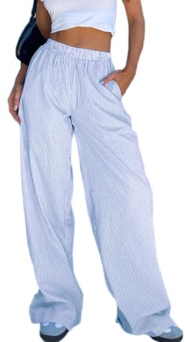 Himllauen Damen Y2k Hose Freizeithose Gestreifte Baggy Hose Bequeme Hosen Leichte Sommerhose Jogginghose Pyjamahose (D Hellblau, S)