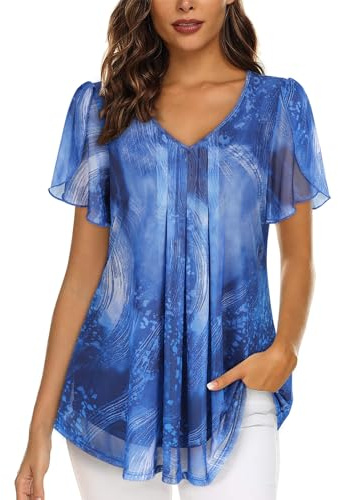 Womens Blouses V Neck Ladies Tops Petal Short Sleeve Chiffon Top | Double Layers Mesh Tunic Tops Casual Shirts