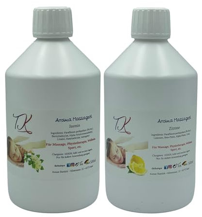 Aroma Massageöl Set-9 (2x500ml) für Massage, Physiotherapie, Wellness, Sport etc. in Pharma Qualität (1000ml, Jasmin & Zitrone)